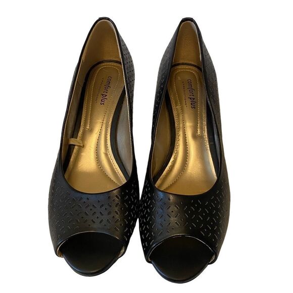 Comfort Plus Black Peep Toe Wedges Size 8.5W - Picture 1 of 5